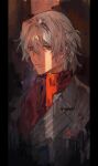  1boy antonio_salieri_(fate) antonio_salieri_(second_ascension)_(fate) ascot black_border border closed_mouth crack_of_light fate/grand_order fate_(series) grey_hair grey_jacket hair_between_eyes hair_intakes half_updo jacket lapels looking_at_viewer male_focus medium_hair notched_lapels pillarboxed pinstripe_jacket pinstripe_pattern pocket_square red_ascot red_eyes sideways_glance solo starshadowmagician upper_body v-shaped_eyebrows 