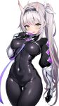  1girl absurdres arm_guards black_bodysuit black_jacket blush bodysuit breasts cameltoe collar covered_navel cropped_jacket grey_hair highres horns ichi-jirushi indie_virtual_youtuber jacket large_breasts long_hair long_sleeves looking_at_viewer metal_collar open_mouth rimuchi_(vtuber) shrug_(clothing) side_ponytail skin-covered_horns solo thighs virtual_youtuber 