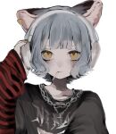  1girl animal_ears black_shirt candy cat_ears chain_necklace character_name cross cross_necklace earclip expressionless food food_in_mouth grey_hair hand_on_headphones hand_up headphones highres jewelry layered_sleeves lollipop long_sleeves looking_at_viewer manuka_x_x necklace nina_(valis) one-hour_drawing_challenge print_shirt red_sleeves shirt short_hair short_over_long_sleeves short_sleeves sinsekai_studio solo striped_sleeves text_print upper_body valis_(sinsekai) white_background yellow_eyes 