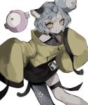  1girl alternate_hair_color animal_ears bare_shoulders bow-shaped_hair cat_ears cat_girl cat_tail coat colored_tips commentary_request cosplay earclip feet_out_of_frame grey_hair grey_pantyhose grin halter_shirt halterneck highres iono_(pokemon) iono_(pokemon)_(cosplay) leaning_forward looking_at_viewer manuka_x_x multicolored_hair nina_(valis) pantyhose pink_hair pokemon pokemon_sv shirt short_hair simple_background single_leg_pantyhose sinsekai_studio sleeveless sleeveless_shirt sleeves_past_fingers sleeves_past_wrists smile solo tail thigh_strap v-shaped_eyebrows valis_(sinsekai) very_long_sleeves wavy_hair white_background yellow_coat yellow_eyes 