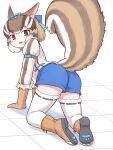  0x0082 1girl animal_ears boots brown_eyes brown_hair chipmunk_ears chipmunk_girl chipmunk_tail extra_ears gloves highres kemono_friends kemono_friends_v_project looking_at_viewer looking_back ribbon shirt short_hair shorts siberian_chipmunk_(kemono_friends) simple_background solo tail thighhighs vest virtual_youtuber 