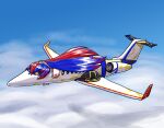  aircraft airplane alear_(female)_(fire_emblem) alear_(fire_emblem) blue_hair fire_emblem fire_emblem_engage highres learjet multicolored_hair no_humans outdoors pun racecar_(racecarart) red_hair sky two-tone_hair vehicalization vehicle_focus 