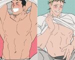  2boys :d ^_^ aikawa_(dorohedoro) bara bare_pectorals black_hair black_male_underwear blonde_hair blush closed_eyes colored_tips couple dorohedoro facial_mark flat_color happy highres large_pectorals male_focus male_underwear male_underwear_peek medium_sideburns multicolored_hair multiple_boys muscular muscular_male navel no_eyebrows pectorals risu_(dorohedoro) sasaki_(ssk_p3) smile split_screen spread_legs sweatdrop thick_eyebrows underwear undressing yaoi 