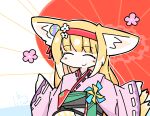  1girl ^_^ animal_ears arknights blonde_hair blush_stickers closed_eyes closed_mouth commentary_request flower fox_ears fox_girl fox_tail hair_flower hair_ornament hairband highres japanese_clothes keiro_n kimono kitsune kyuubi long_hair long_sleeves multiple_tails obi official_alternate_costume pink_kimono pinwheel red_hairband sash sleeves_past_wrists smile solo suzuran_(arknights) suzuran_(yukibare)_(arknights) tail 