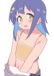  1girl bare_arms bare_shoulders blue_hair bra collarbone colored_inner_hair commentary flat_chest green_eyes hatafuta light_blush long_hair looking_at_viewer midriff multicolored_hair navel no_shirt onii-chan_wa_oshimai! open_mouth simple_background solo tenkawa_nayuta training_bra two-tone_hair underwear undressing upper_body white_background yellow_bra 
