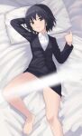  1girl amagami barefoot bed_sheet black_eyes black_hair black_skirt botan_m bottomless closed_mouth collared_shirt feet formal from_above highres light_censor long_sleeves looking_at_viewer lying miniskirt nanasaki_ai on_back pencil_skirt pillow shirt short_hair skirt solo spread_legs suit thighs white_shirt 