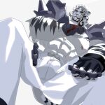  1boy abs absurdres animal_ears arknights bamashengze bara bare_pectorals blood blood_on_face brass_knuckles facial_hair feet_out_of_frame from_below furry furry_male goatee highres huge_pectorals large_hands looking_at_viewer looking_down male_focus mountain_(arknights) muscular muscular_male nipples pectorals scar scar_across_eye short_hair solo squatting strongman_waist thick_eyebrows tiger_boy tiger_ears weapon white_hair 
