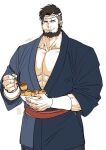  1boy abs artist_name bara beard belt black_hair duran_(gyee) eating facial_hair feet_out_of_frame food gyee headband holding holding_food japanese_clothes kimono kokorozashi looking_to_the_side male_focus manly mature_male muscular muscular_male pectorals scar signature simple_background solo spiked_hair undercut white_background wristband yukata 