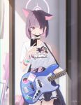  1girl absurdres animal_ears bass_guitar black_hair blue_archive blush breasts cat_ears cellphone colored_inner_hair extra_ears fender_jazz_bass grin halo highres holding holding_phone indoors instrument kazusa_(blue_archive) kiwi_(uwee8553) looking_at_mirror looking_at_viewer medium_breasts mirror multicolored_hair official_alternate_costume phone pink_hair pink_halo pleated_skirt red_eyes selfie shirt short_hair short_sleeves signature skirt smartphone smile solo white_shirt white_skirt 
