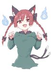  1girl animal_ears braid breasts cat_ears cat_girl cat_tail commentary_request deetamu dress extra_ears green_dress highres kaenbyou_rin long_hair looking_at_viewer medium_breasts multiple_tails red_eyes red_hair simple_background solo tail touhou twin_braids white_background 