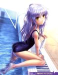  absurdres angel_beats! arched_back ass barefoot blush drain_(object) flat_chest goto_p hat hat_removed headwear_removed highres leg_up long_hair looking_at_viewer one-piece_swimsuit one_side_up outdoors pool poolside scan school_swimsuit shiny shiny_clothes silver_hair skindentation solo swim_cap swimsuit tenshi_(angel_beats!) wading wet wet_clothes wet_hair yellow_eyes 