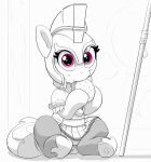 anthro armor bottomwear burger clothed clothing earth_pony eating equid equine eyelashes female food hasbro headgear helmet hi_res hooves horse looking_at_viewer mammal monochrome my_little_pony pabbley pony purple_eyes skirt solo spot_color tail