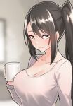  1girl alternate_costume black_hair blurry blurry_background breasts cleavage cup furaggu_(frag_0416) grey_eyes grey_shirt highres holding holding_cup kantai_collection large_breasts long_hair long_sleeves looking_at_viewer mug nachi_(kancolle) shirt side_ponytail sidelocks smile solo upper_body very_long_hair 
