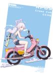  1girl absurdres alternate_costume artist_name bare_shoulders black_shorts blue_archive blue_hair character_name cigarette closed_mouth english_text full_body gloves hair_ornament halo highres honda light_blue_hair liulijun233 long_hair looking_at_viewer motor_vehicle motorcycle multicolored_hair pink_hair reisa_(blue_archive) shoes short_shorts shorts sitting sleeveless smoke smoking tank_top twintails two-tone_hair 
