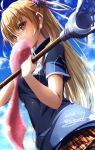  1girl absurdres ahoge alisa_reinford blonde_hair blue_sky dated eiyuu_densetsu hair_between_eyes highres holding holding_towel lacrosse lacrosse_stick long_hair looking_at_viewer red_eyes sen_no_kiseki shirt short_sleeves sidelocks signature skirt sky solo sweat tinybiard towel twitter_username 