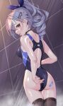  1girl adjusting_clothes adjusting_swimsuit ass bandaid bandaid_on_ass black_one-piece_swimsuit black_thighhighs clothed_bath competition_swimsuit drill_hair from_behind grey_eyes grey_hair highleg highleg_swimsuit highres honkai:_star_rail honkai_(series) looking_at_viewer looking_back matrix16 medium_hair one-piece_swimsuit ponytail showering silver_wolf_(honkai:_star_rail) solo swimsuit thigh_gap thighhighs tile_wall tiles two-tone_swimsuit 