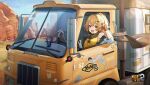  1girl bare_shoulders benghuai_xueyuan blonde_hair copyright_name driving fingerless_gloves gloves hair_ornament hairclip homu_(honkai_impact) honkai_(series) houraiji_kyuushou jacket karin_(benghuai_xueyuan) logo long_hair motor_vehicle official_art open_clothes open_jacket orange_eyes outdoors scarf sitting smile third-party_source truck 