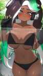  1girl against_glass bare_shoulders bikini black_bikini black_gloves blush breast_press breasts breasts_on_glass brown_hair cleavage collarbone dark-skinned_female dark_skin fingerless_gloves glass gloves gradient_hair green_hair headphones highres kashu_(hizake) large_breasts long_hair marina_(splatoon) mole mole_under_eye multicolored_hair navel parted_bangs smile solo splatoon_(series) splatoon_2 suction_cups swimsuit tentacle_hair thighs 