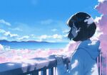  1girl black_eyes black_hair blue_sky cherry_blossoms cloud commentary_request dappled_sunlight day hood hood_down hoodie horizon looking_afar looking_ahead mountain nahara_saki ocean original outdoors profile railing short_hair sky sleeves_past_wrists solo sunlight white_hoodie 