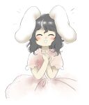  1girl :d ^_^ animal_ears blush closed_eyes dress floppy_ears grey_hair hands_up inaba_tewi medium_hair nonamejd official_style own_hands_together pink_dress rabbit_ears rabbit_girl short_sleeves simple_background smile solo touhou white_background zun_(style) 