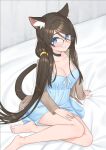  1girl aina_(mao_lian) animal_ear_fluff animal_ears bare_legs barefoot black_choker blue_dress blue_eyes blush breasts brown_hair cat_ears cat_girl cat_tail choker cleavage commentary_request dress full_body grin hair_between_eyes highres large_breasts long_hair mao_lian_(nekokao) on_bed original short_dress sitting smile solo tail very_long_hair yokozuwari 