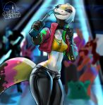 anthro big_tail bottle clothed clothing container female group hair hi_res jacket latex latex_clothing latex_legwear legwear lizard lostwisdom nightclub open_clothing open_jacket open_topwear reptile scales scalie skink solo tail topwear white_hair yellow_body yellow_scales
