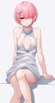  1girl absurdres alternate_costume bare_arms bare_legs breasts cleavage cleavage_cutout closed_mouth clothing_cutout collarbone dress hair_ornament hair_over_one_eye half-closed_eyes highres kiona_(giraffe_kiona) looking_at_viewer meme_attire naked_sweater pink_hair ram_(re:zero) re:zero_kara_hajimeru_isekai_seikatsu red_eyes ribbed_sweater short_hair sitting sleeveless sleeveless_sweater small_breasts smile solo sweater sweater_dress turtleneck turtleneck_sweater virgin_killer_sweater white_background white_sweater x_hair_ornament 