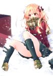  1girl azumi_(myameco) black_skirt blonde_hair brown_footwear brown_scarf coat commentary ereshkigal_(fate) fate/grand_order fate_(series) hair_ribbon legs loafers long_hair long_sleeves plaid plaid_scarf red_coat red_eyes red_ribbon ribbon scarf shoes sitting skirt snow solo symbol-only_commentary thighs umbrella 