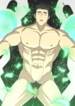  1boy abs alternate_pectoral_size ao_isami bara black_hair completely_nude cowboy_shot feathers flaccid highres large_pectorals male_focus male_pubic_hair medium_sideburns muscular muscular_male navel nipples nori_uth nude pectorals penis pubic_hair science_fiction short_hair solo sparkle_background stomach surprised thick_eyebrows thighs veiny_crotch wide-eyed yuuki_bakuhatsu_bang_bravern 