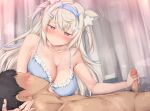  1boy 1girl animal_ear_fluff animal_ears bare_shoulders blonde_hair blue_hair blush breast_sucking breast_sucking_through_clothes breasts censored cleavage collarbone dog_ears dog_girl fuwawa_abyssgard hair_ornament handjob hetero hololive hololive_english large_breasts long_hair male_pubic_hair mosaic_censoring multicolored_hair nursing_handjob penis pink_eyes pubic_hair ruschuto streaked_hair two_side_up virtual_youtuber 