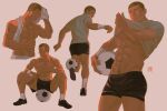  1boy abs ball bara black_shorts buzz_cut full_body highres kailstre_(skylb6art) large_pectorals male_focus muscular muscular_male navel navel_hair nipples original pectorals short_hair shorts sideburns sitting_on_ball soccer soccer_ball soccer_uniform sportswear spread_legs stomach thick_eyebrows thighs toned toned_male topless_male underpec very_short_hair wiping_sweat 