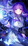  1girl absurdres black_background blue_butterfly breasts bug butterfly closed_mouth fern_(sousou_no_frieren) highres holding holding_weapon large_breasts long_hair magical_girl noyu_(noyu23386566) purple_eyes purple_hair sousou_no_frieren straight_hair wand weapon 