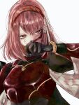  1girl armor black_gloves blood blood_on_face fire_emblem fire_emblem_engage gloves hair_ribbon hairband highres hk_539099410 lapis_(fire_emblem) looking_at_viewer medium_hair pink_eyes pink_hair red_armor ribbon solo white_background white_ribbon 
