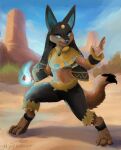 2024 ambiguous_gender anthro anubian_jackal anubis_(pal) biped black_bottomwear black_clothing black_ears black_shorts blue_eyes blue_fire blue_inner_ear blue_magic blue_nose blue_sky bottomwear brown_body brown_fur brown_tail canid canine canis clothing colored colored_fire dated day detailed_background digital_media_(artwork) digital_painting_(artwork) digitigrade egyptian_clothing egyptian_mythology elemental_manipulation fire fire_manipulation full-length_portrait fur hi_res jackal looking_at_viewer magic magic_user mammal mesa_(landscape) middle_eastern_mythology mythology mythrava nature nature_background nemes_(clothing) outside pal_(species) palworld plant portrait pose sand shorts shrub signature sky solo standing tail