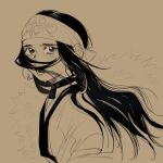  1girl ainu ainu_clothes asirpa blue_eyes blush choker cloak crying earrings floating_hair from_side fur_cloak golden_kamuy hair_over_face headband highres hoop_earrings jewelry long_hair long_sleeves looking_at_viewer looking_to_the_side monochrome open_mouth sad sketch solo songyeerhu spot_color upper_body 