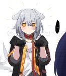  ... 2girls acheron_(honkai:_star_rail) animal_ears black_gloves black_jacket collar commentary dog_ears gloves grey_hair hands_up highres hinagi_(fox_priest) honkai:_star_rail honkai_(series) jacket kemonomimi_mode leash medium_hair multiple_girls open_clothes open_jacket paw_pose red_collar shirt spoken_ellipsis stelle_(honkai:_star_rail) trailblazer_(honkai:_star_rail) upper_body white_shirt yellow_eyes 