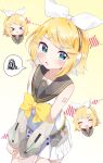  &gt;_&lt; :x aqua_eyes bare_shoulders black_sailor_collar blue_eyes bow chibi clenched_hand collarbone crying crying_with_eyes_open dutch_angle flat_chest fortissimo from_above frustrated grey_sleeves hair_bow hair_ornament hairclip headphones headset highres kagamine_rin kagamine_rin_(vocaloid4) looking_at_viewer looking_up mani_(manidrawings) medium_hair nanchoukei_danshi_ga_taosenai_(vocaloid) number_tattoo piano_print pleated_shorts sailor_collar sailor_shirt shirt shirt_bow shoulder_tattoo sleeveless sleeveless_shirt sound_wave spoken_squiggle squiggle swept_bangs tattoo tearing_up tears tongue tongue_out treble_clef vocaloid white_bow white_shirt yellow_background yellow_bow 