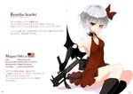  absurdres alternate_costume american_flag armpits bat_wings choker dress gloves gun hair_ornament hair_ribbon highres looking_at_viewer magpul_fmg-9 nanahara_fuyuki red_eyes red_skirt remilia_scarlet ribbon scan short_hair skirt solo submachine_gun text_focus touhou translation_request weapon wings 