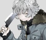  1boy animal_ear_fluff animal_ears arknights bags_under_eyes bandaid bandaid_on_hand bear_boy bear_ears black_sweater coat fingernails fur-trimmed_coat fur_trim grey_background grey_coat grey_eyes grey_hair holding holding_knife jaye_(arknights) knife long_sleeves macha@meshi male_focus pocket ribbed_sweater short_hair simple_background sweater twitter_username upper_body 