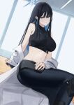  1girl absurdres black_hair black_pants black_shirt blue_archive blue_hair blue_halo breasts closed_mouth colored_inner_hair halo highres jacket knee_pads large_breasts long_hair long_sleeves looking_at_viewer multicolored_hair navel pants ref_(pmxt4483) saori_(blue_archive) shirt sitting sleeveless sleeveless_shirt solo white_jacket 