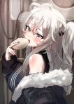  1girl absurdres ahoge animal_ears baozi black_nails blurry blurry_background blush commentary_request ear_piercing fang food from_side fur-trimmed_jacket fur_trim futoshi_tanaka grey_eyes grey_hair hair_between_eyes highres holding holding_food hololive imminent_bite jacket lion_ears lion_girl long_hair looking_at_viewer off_shoulder open_mouth piercing shiny_skin shishiro_botan shishiro_botan_(1st_costume) solo two_side_up upper_body virtual_youtuber 
