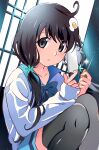  1girl :o absurdres ahoge araragi_tsukihi black_eyes black_hair black_thighhighs commentary_request egg_hair_ornament food-themed_hair_ornament hair_ornament highres holding holding_knife ice_pick knife light_blush long_hair long_sleeves looking_at_viewer low_twintails mashimaro_tabetai monogatari_(series) parted_lips sleeves_past_wrists solo thighhighs twintails 
