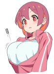  1girl :o breasts bursting_breasts colored_inner_hair commentary cropped_torso hair_between_eyes jacket large_breasts light_blush long_sleeves multicolored_hair murosaki_miyo noyama_takenoko onii-chan_wa_oshimai! open_mouth partially_unzipped popped_zipper red_eyes red_hair shirt simple_background solo track_jacket two-tone_hair upper_body white_background white_shirt zipper_pull_tab 