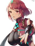  1girl :d breasts core_crystal_(xenoblade) drop_earrings earrings fingerless_gloves gloves highres impossible_clothes jewelry large_breasts looking_at_viewer pyra_(xenoblade) reaching reaching_towards_viewer red_eyes red_hair short_hair smile swept_bangs tiara upper_body white_background xenoblade_chronicles_(series) xenoblade_chronicles_2 yamamori_kinako 