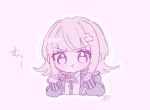  1girl alternate_hair_ornament blush collared_shirt cropped_torso danganronpa_(series) danganronpa_2:_goodbye_despair flipped_hair hands_up jacket medium_hair nanami_chiaki neck_ribbon open_clothes open_jacket outline pink_background pink_eyes pote_(pote_39) pout ribbon shirt solo translation_request two-tone_shirt white_outline 