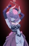  1girl armpits arms_up aura_(sousou_no_frieren) bare_shoulders blue_eyes blush braid breasts closed_mouth clothing_cutout commentary_request demon_girl demon_horns elbow_gloves gloves gradient_background highres horns large_breasts medium_hair navel navel_cutout purple_gloves purple_hair red_background restrained revision simple_background solo sousou_no_frieren yd_(orange_maru) 