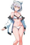  1girl animal_ear_fluff animal_ears bare_legs bikini braid breasts cat_ears chest_jewel core_crystal_(xenoblade) grey_hair jacket kamidan looking_at_viewer mio_(xenoblade) navel short_hair small_breasts smile solo swimsuit white_jacket xenoblade_chronicles_(series) xenoblade_chronicles_3 yellow_eyes 
