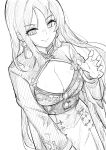  1girl breasts china_dress chinese_clothes chinese_knot cleavage closed_mouth coat dress earrings floral_print goddess_of_victory:_nikke greyscale highres jewelry large_breasts light_blush long_hair long_sleeves monochrome moran_(nikke) smile solo tassel tassel_earrings yougenko 