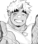  1boy akiha_gongen_(housamo) bandaid bandaid_on_face bandaid_on_nose bara dog_tags facial_hair goatee greyscale grin happy_aura highres hokke_(ynukk_523) horns huge_eyebrows looking_at_viewer male_focus monochrome multicolored_hair muscular muscular_male one_eye_closed outstretched_arms portrait reaching reaching_towards_viewer shirt short_hair sideburns single_horn smile solo t-shirt tokyo_afterschool_summoners two-tone_hair 