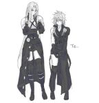  2girls armor belt boots breasts cleavage closed_mouth cloud_strife crossed_arms final_fantasy final_fantasy_vii final_fantasy_vii_advent_children final_fantasy_vii_remake genderswap genderswap_(mtf) haagi123 highres long_hair multiple_belts multiple_girls sephiroth shoulder_armor smile spiked_hair thighhighs turtleneck 